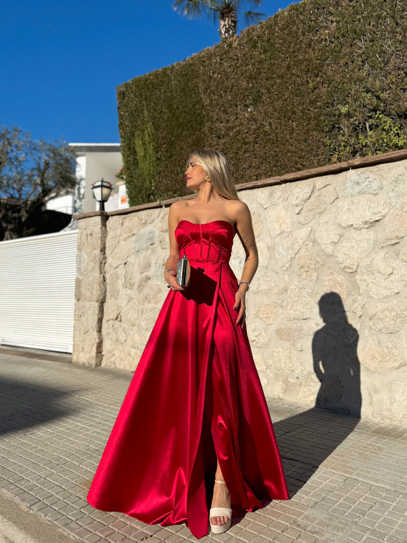 Red satin strapless dress