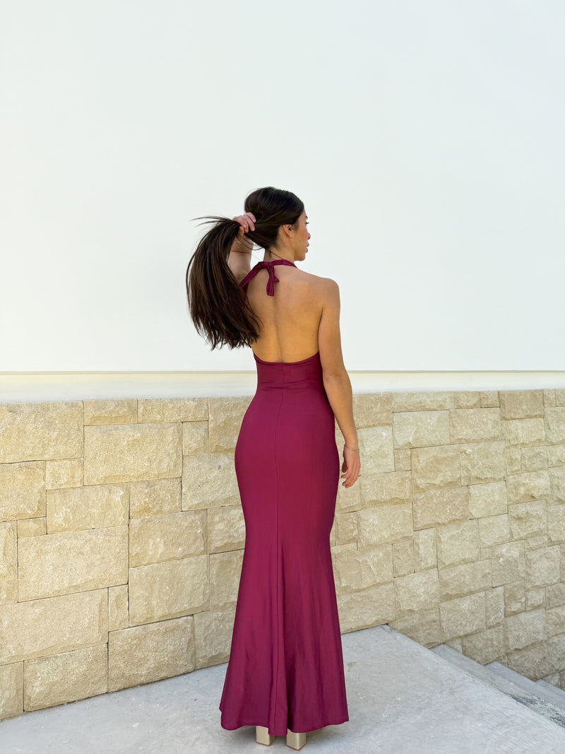 Long burgundy waterfall dress