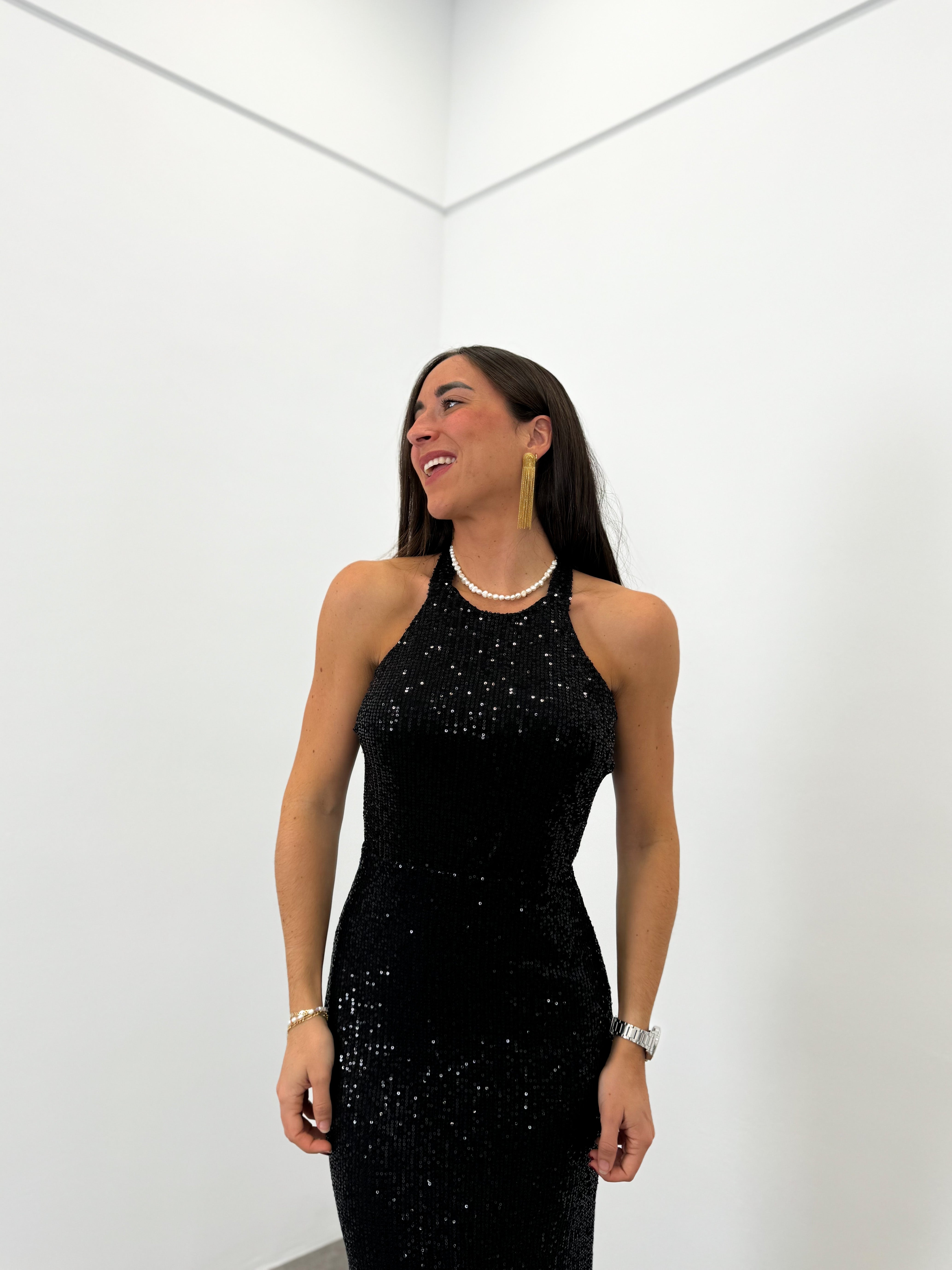 Black halter length glitter dress