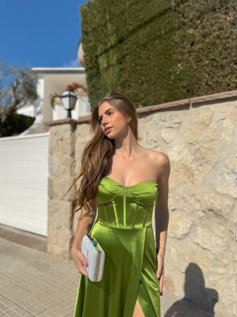 Olive satin strapless dress