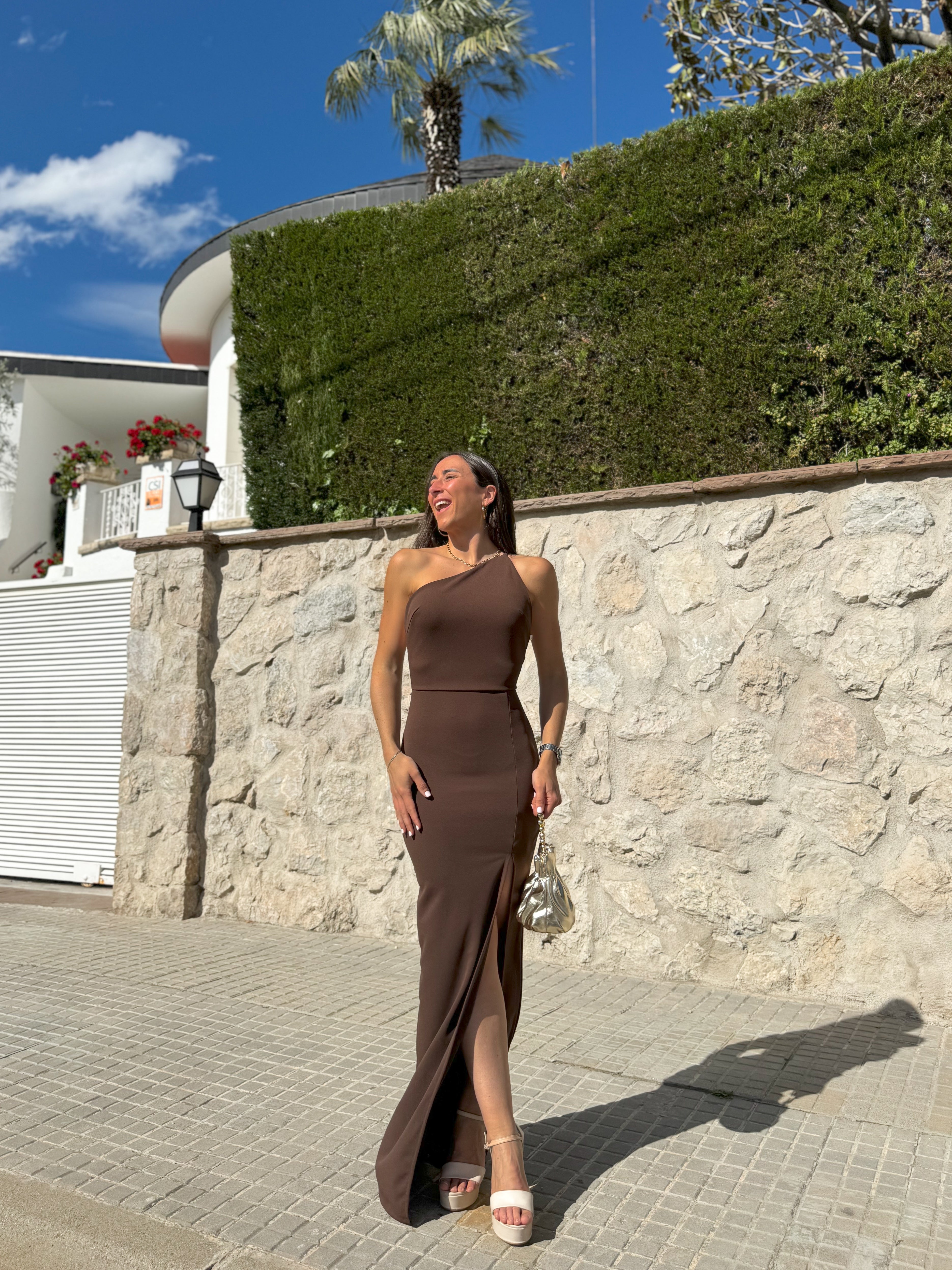 Brown mermaid neckline dress