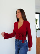 Bordeaux double-breasted sweater with bow