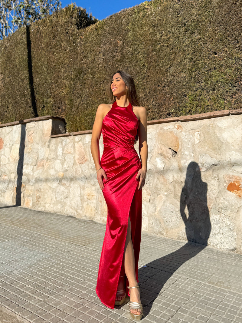 Long red draped halter dress