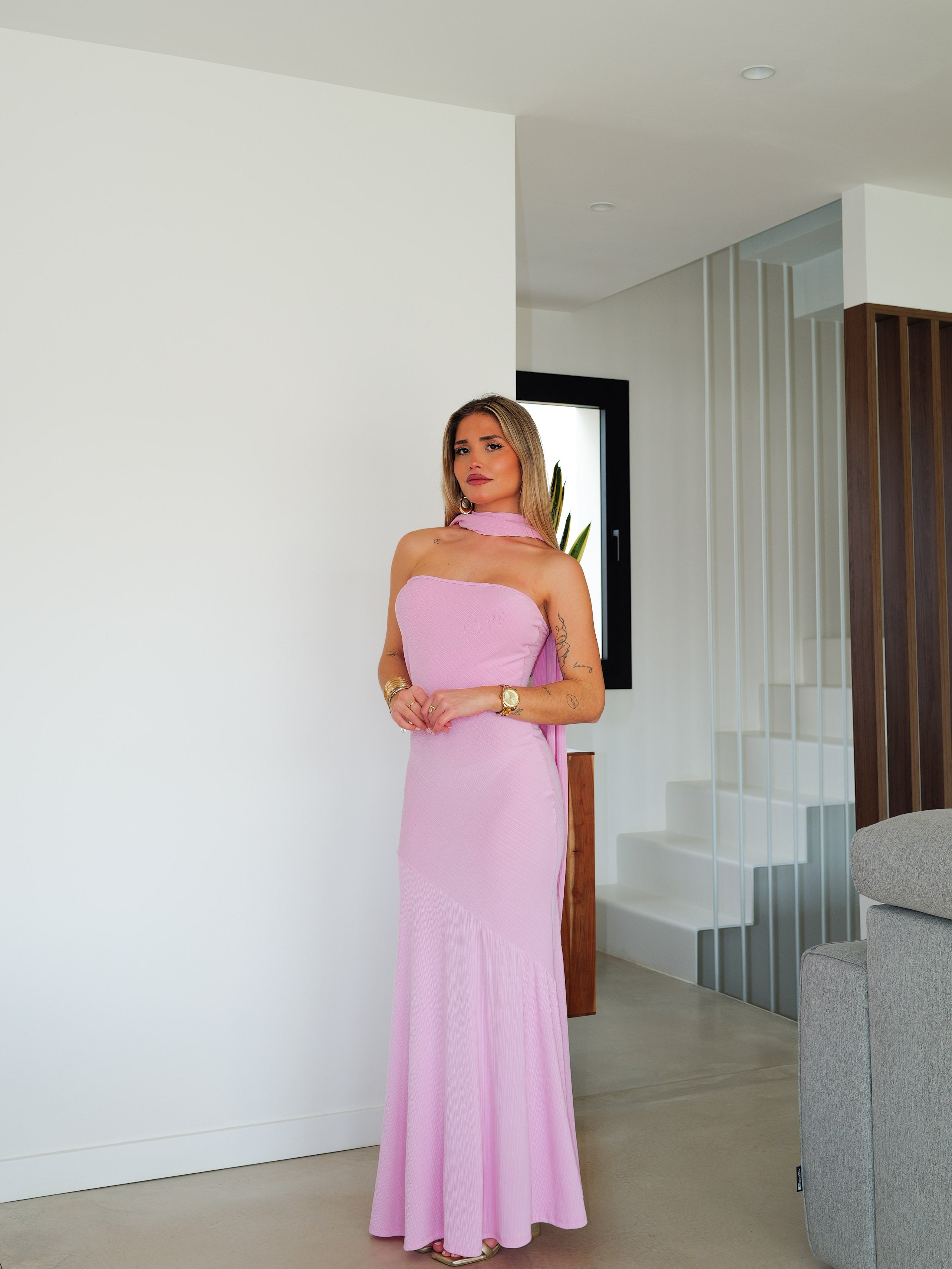 Pleated pink choker dress