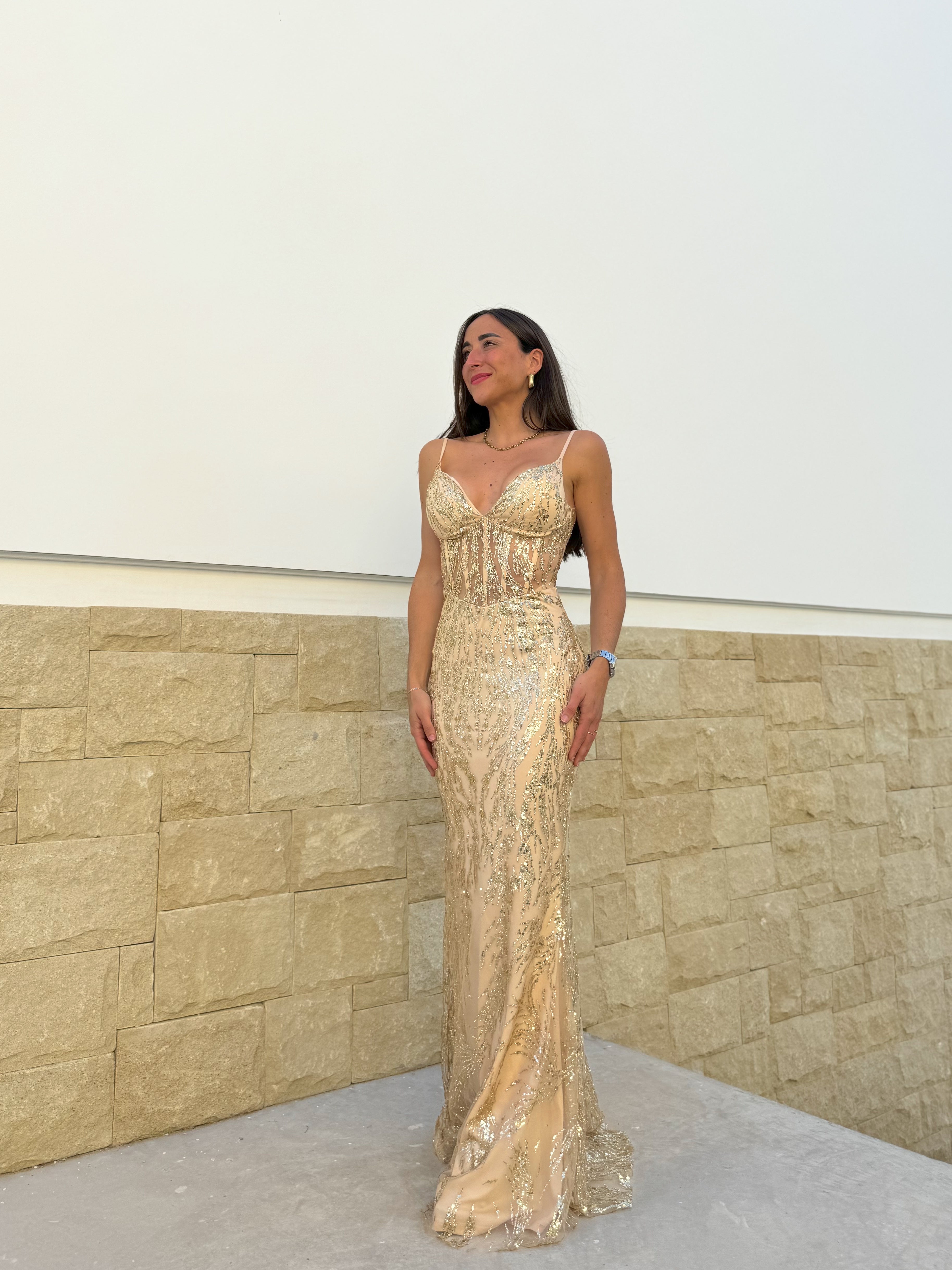 Corset dress with golden rhinestones peak