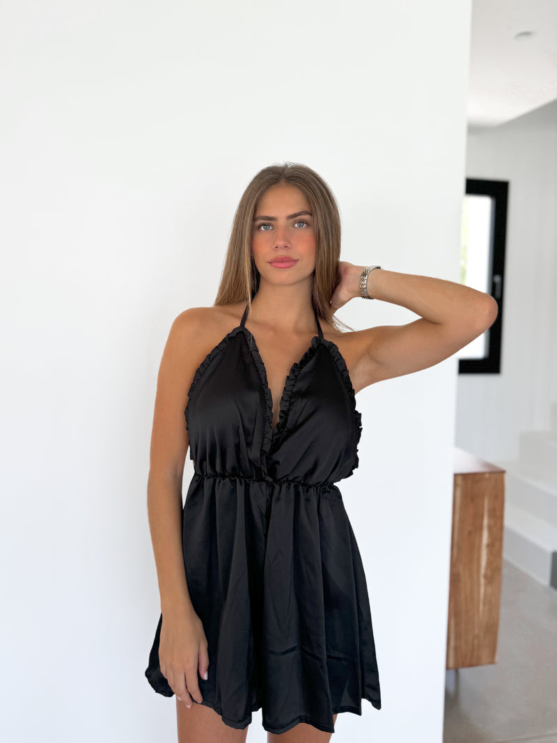 Black satin short jumpsuit