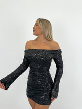 Black glitter bardot dress