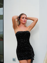 Black velvet ruffle glitter dress