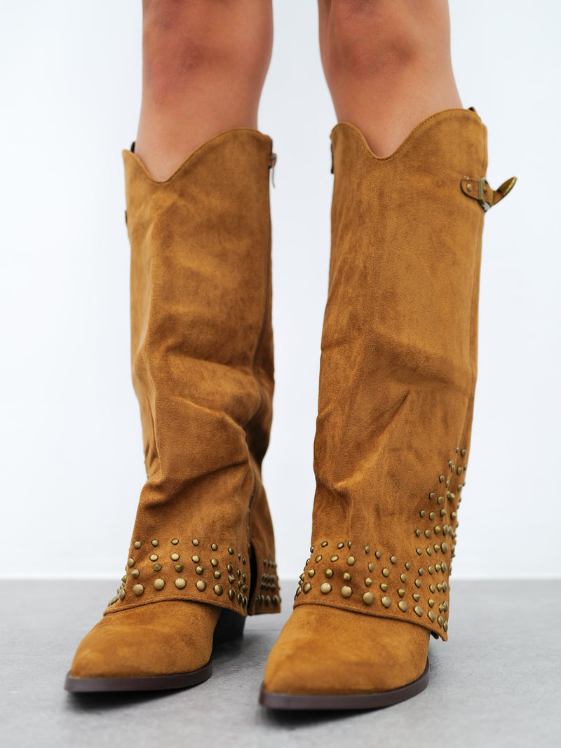 Camel suede studded heeled ankle boot