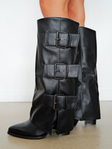 Black buckle flap heeled boots