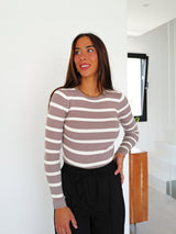 Striped sleeves ribbed sweater ecru