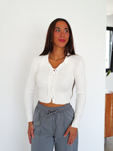 V-neck interlock ribbed sweater white