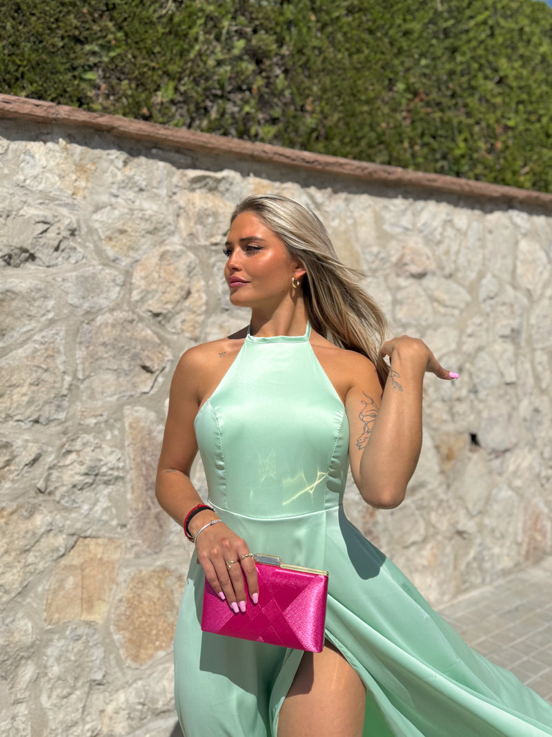 Mint satin halter dress