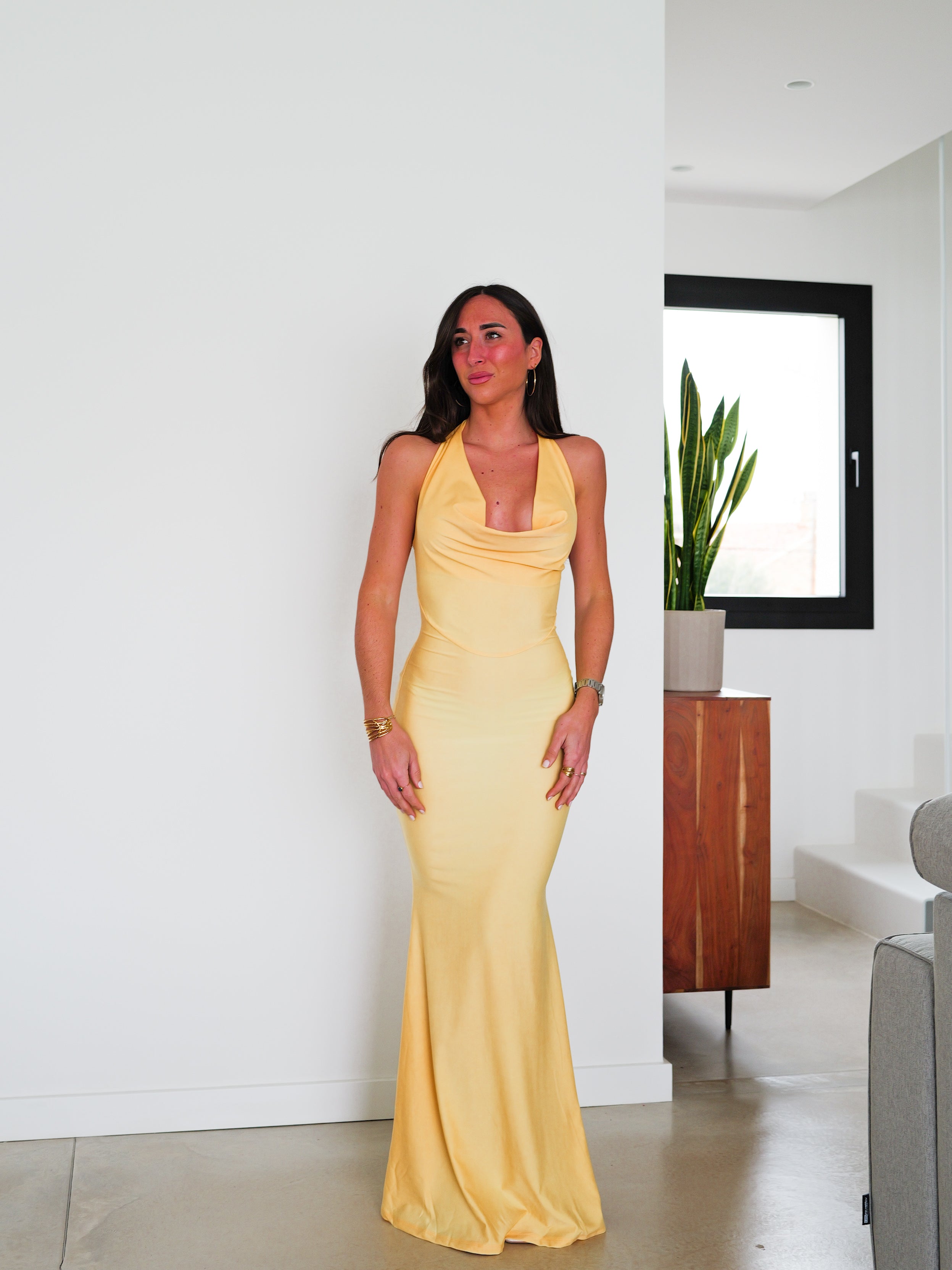 Long yellow waterfall dress