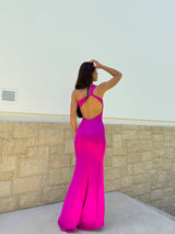 Fuchsia asym back knot dress