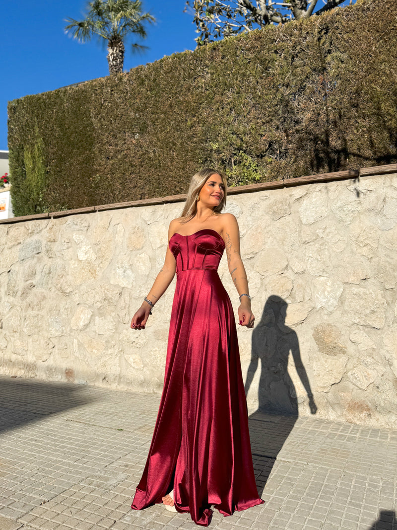 Burgundy satin strapless dress