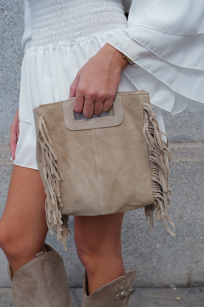 Beige fringed leather bag