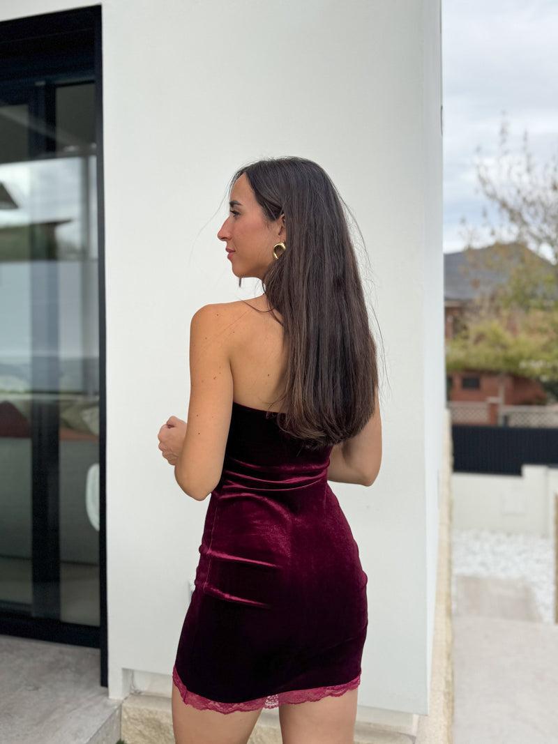 Burgundy lace mini velvet dress