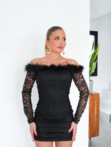 Mini dress black feather lace bardot