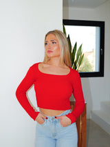 Square neckline red ribbed sweater