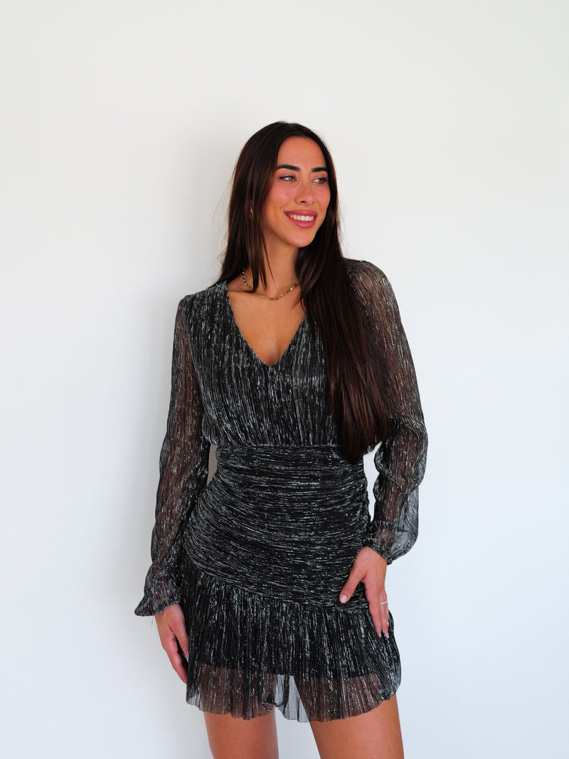 Black glitter draped mini dress