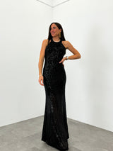 Black halter length glitter dress