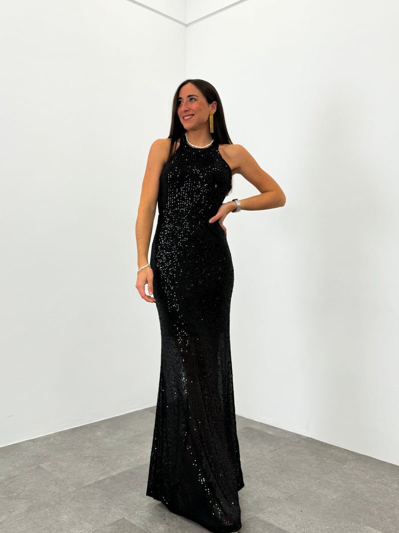 Black halter length glitter dress