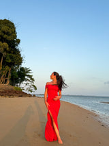 Red tight bardot dress