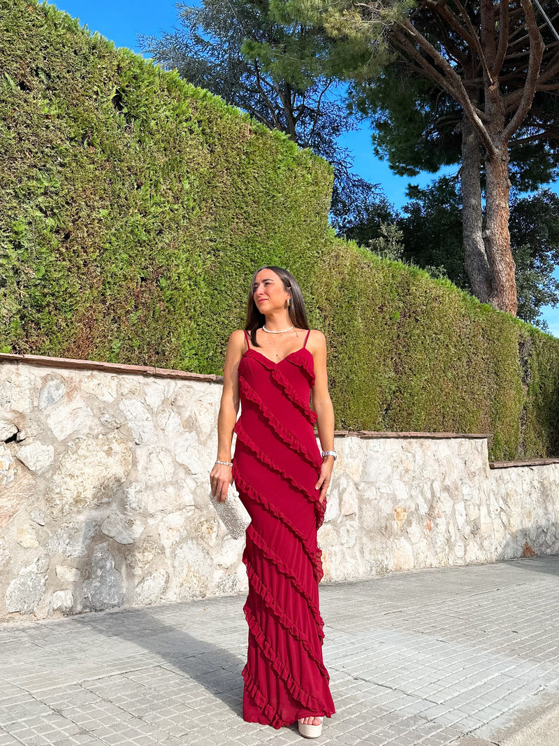 Burgundy crepe flounce dress