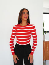 Red striped ribbed sleeve sweater