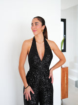 Black bow back glitter jumpsuit