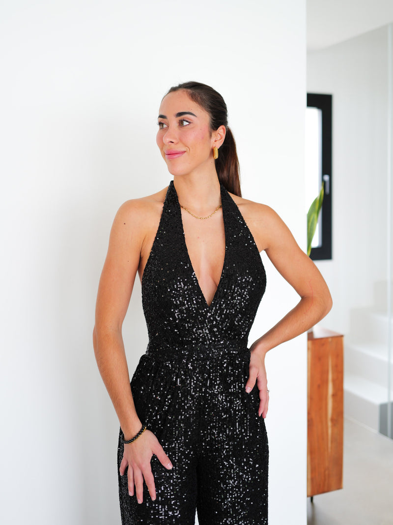 Black bow back glitter jumpsuit