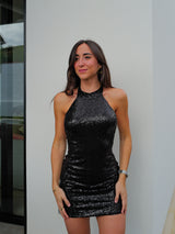 Black glitter halter dress