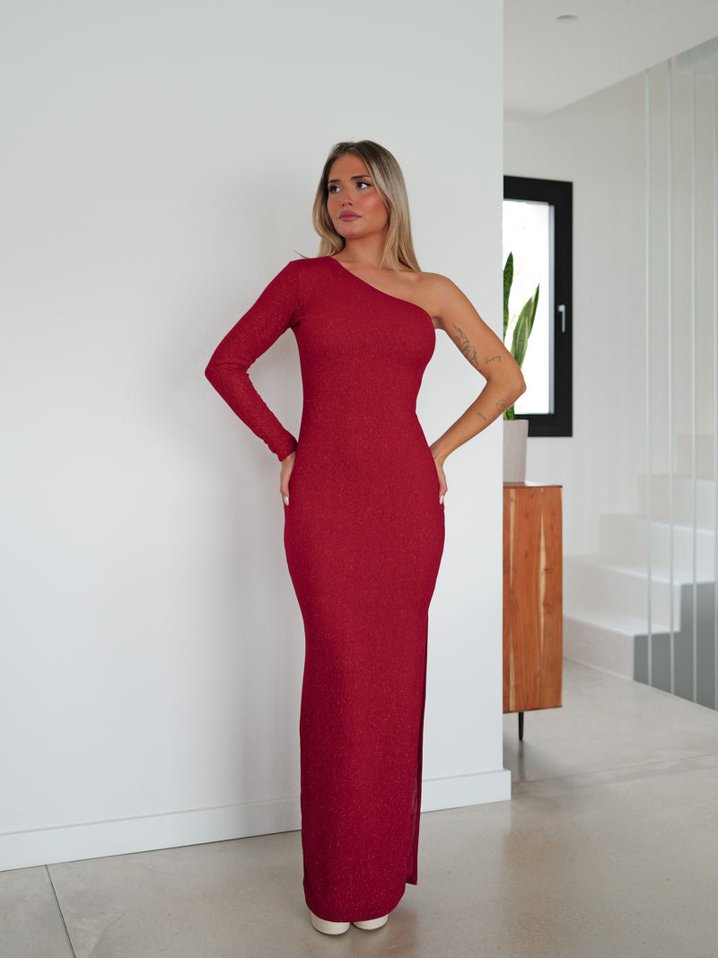 Long asymmetric red lurex dress