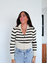 Beige striped ribbed zipper sweater