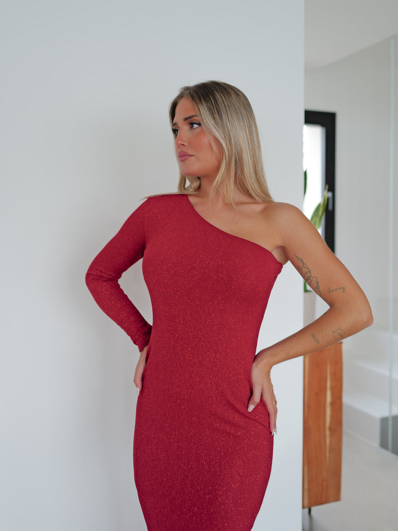 Long asymmetric red lurex dress