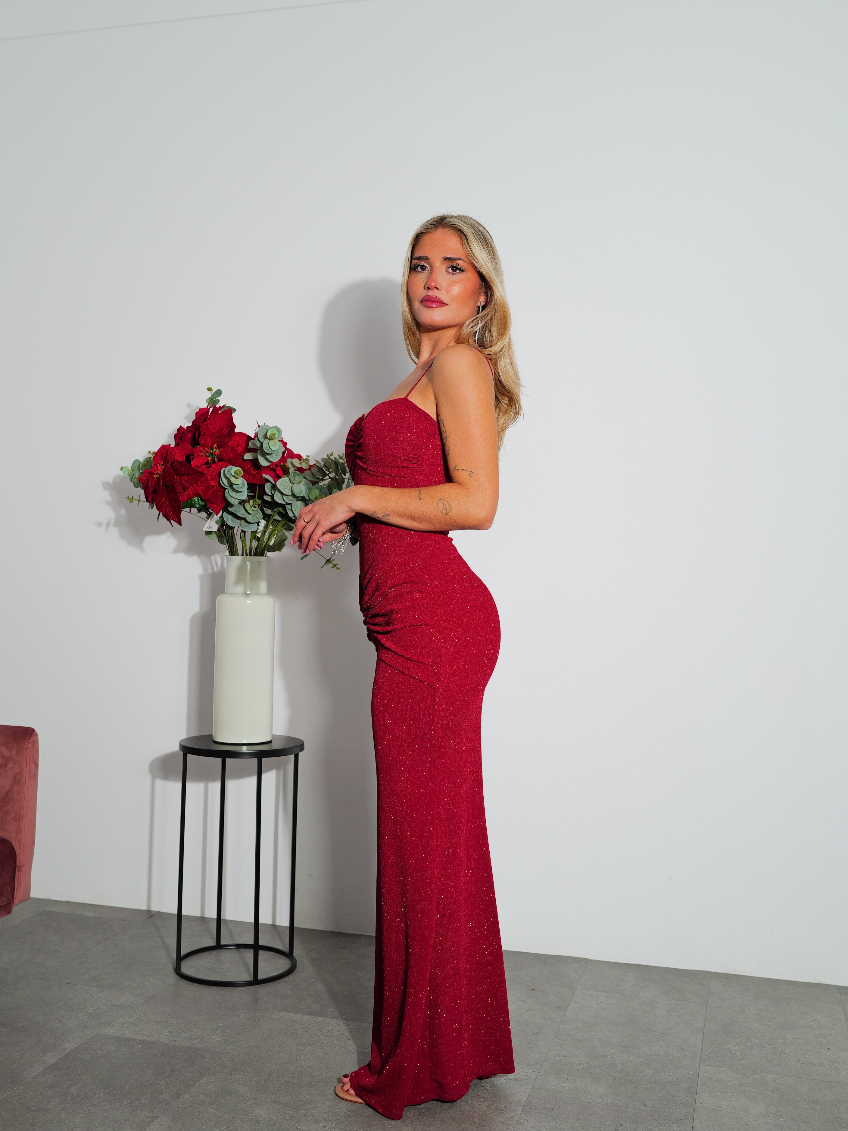 Long burgundy lurex ruffled dress