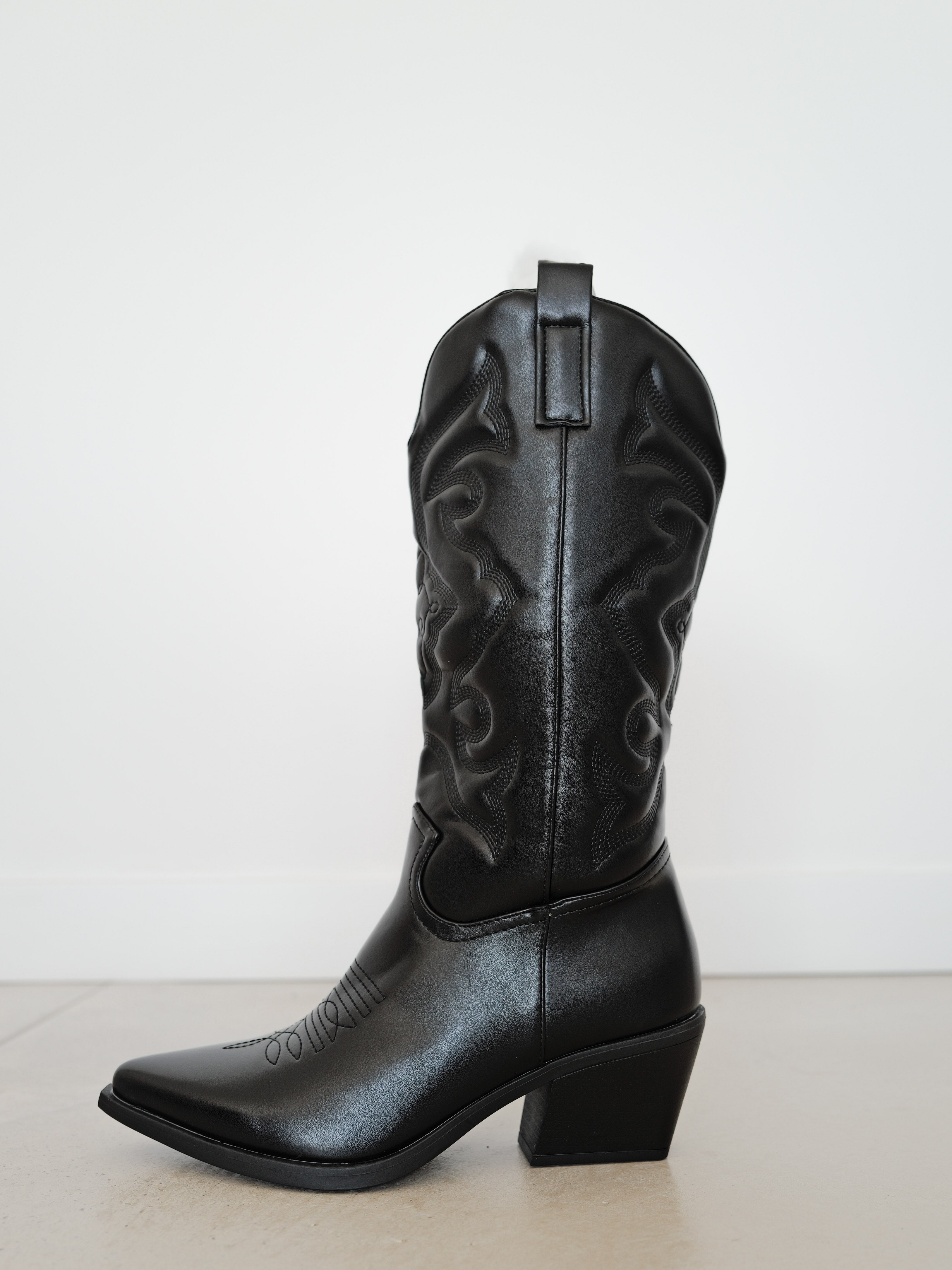 Black cowboy leather effect boot