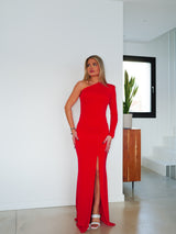 Asym dress with red sleeve shoulder pads