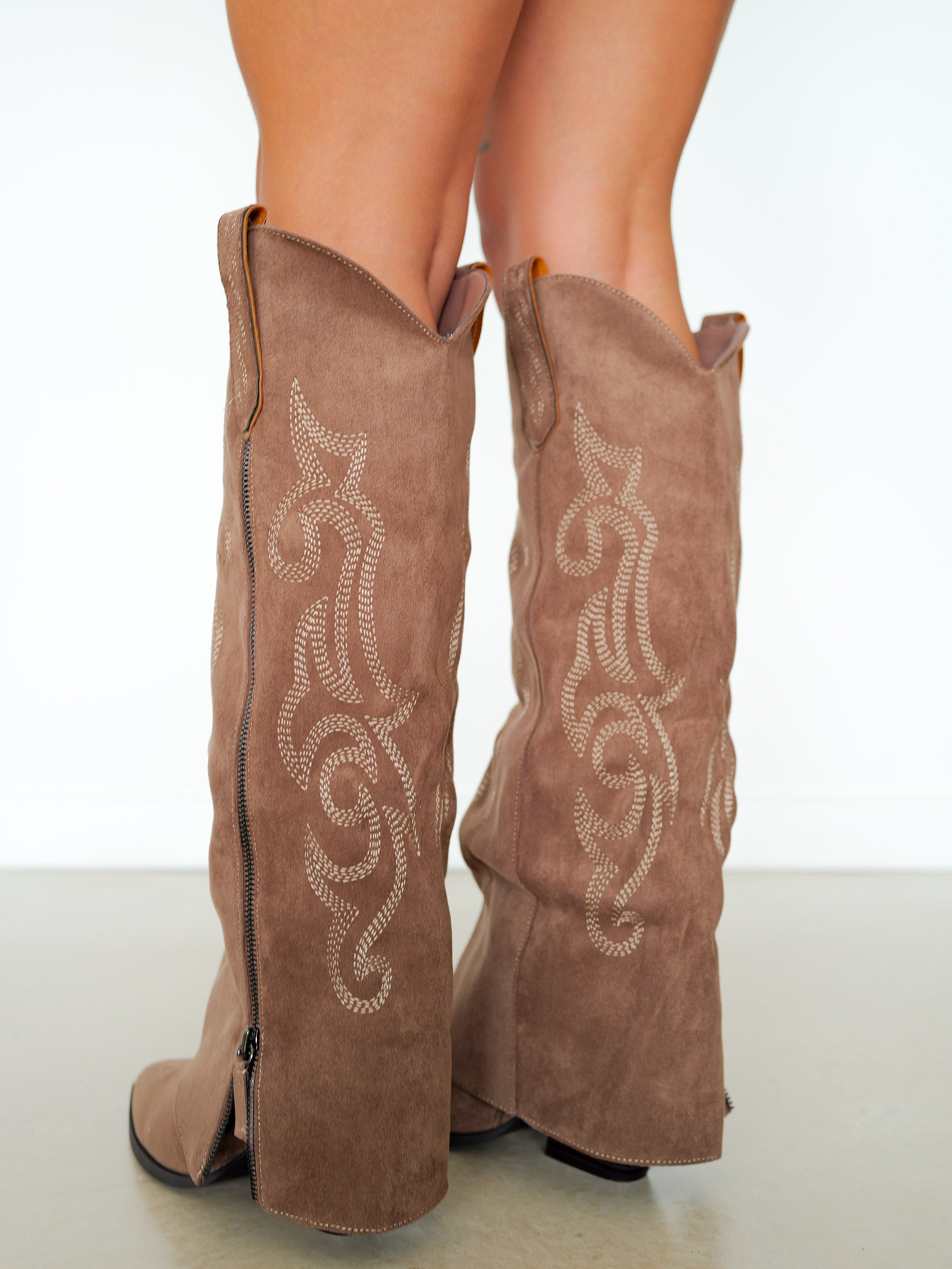 Brown embroidered suede flap boot