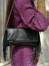 Black leather bag with fringed chains