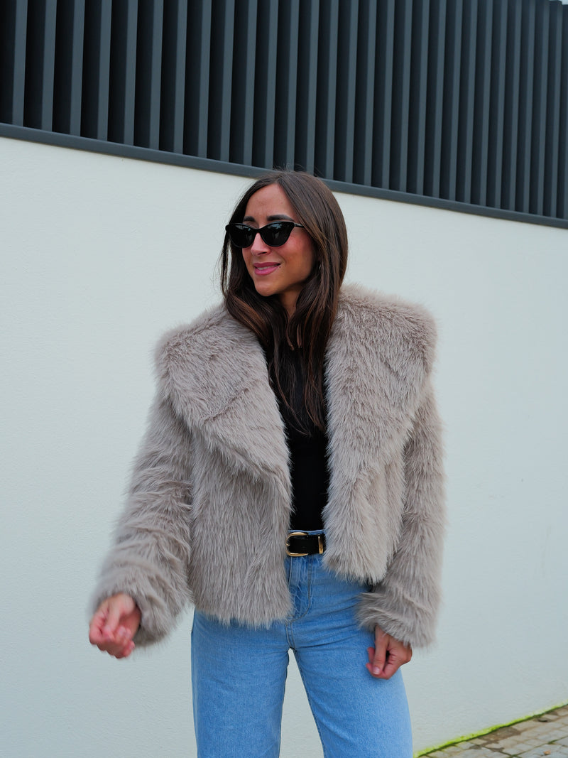 Gray lapel fur jacket