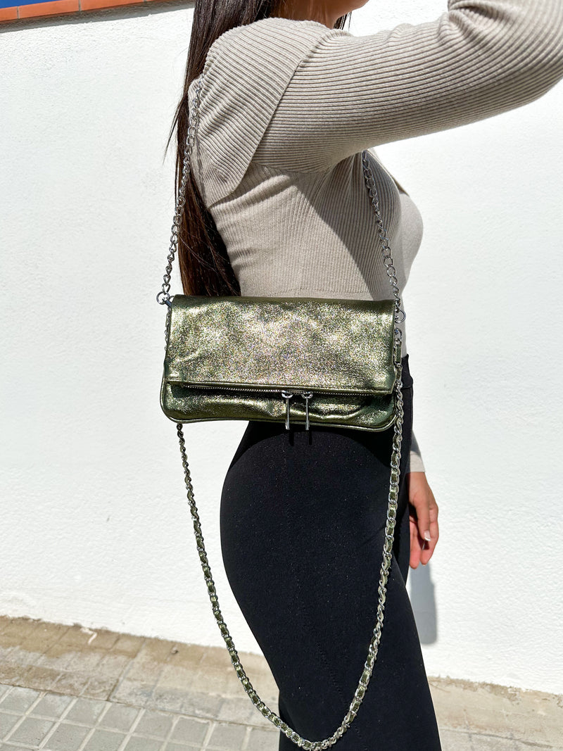 Khaki metallic leather chain bag