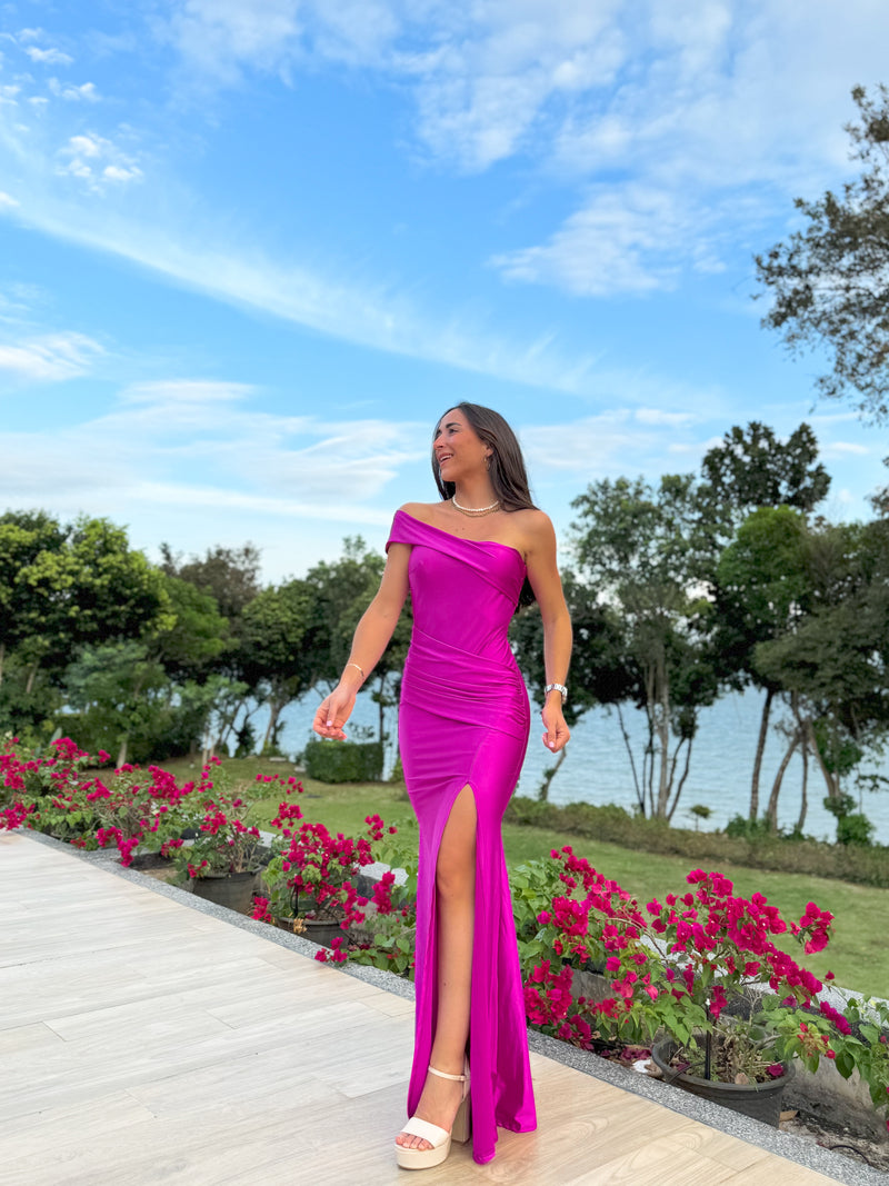 Fuchsia asymmetric boat dress