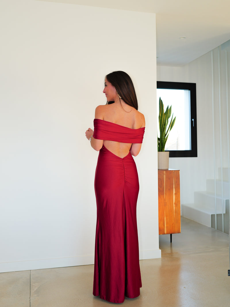 Burgundy satin bardot back dress