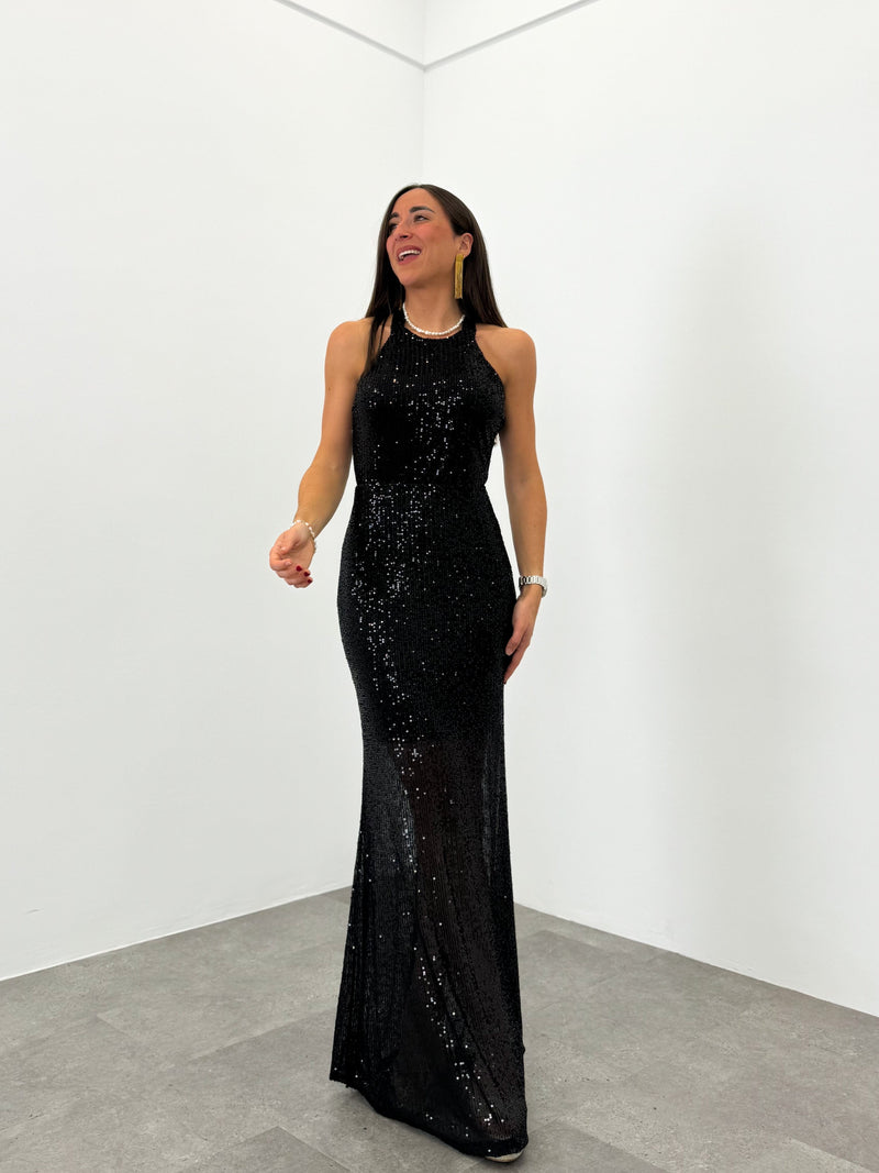 Black halter length glitter dress