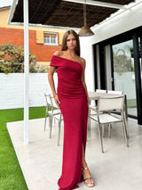 Asym lurex bardot burgundy dress