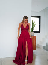 Long dress with burgundy rhinestones V neckline