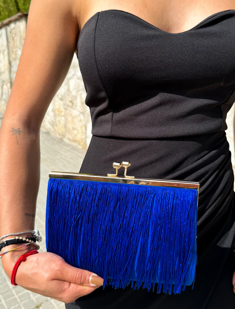 Blue fringed suede clutch