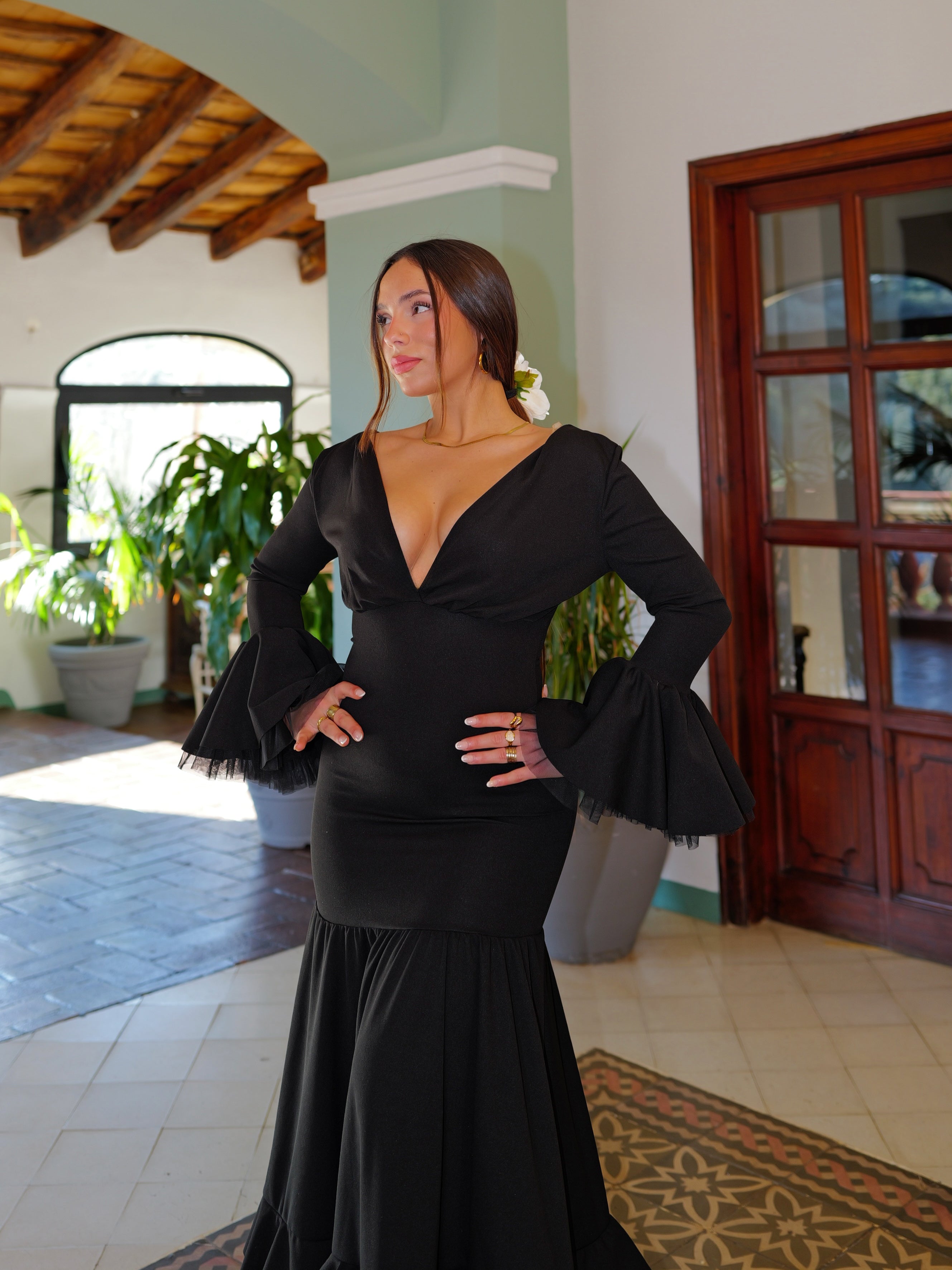 Black V-neck flamenco dress